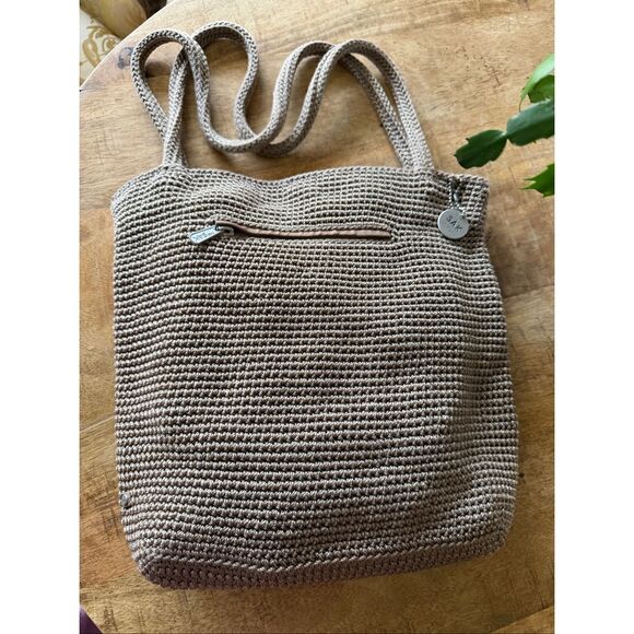 The Sak Crochet Shoulder Bag Taupe Woven Boho Casual Everyday Purse - Picture 1 of 10